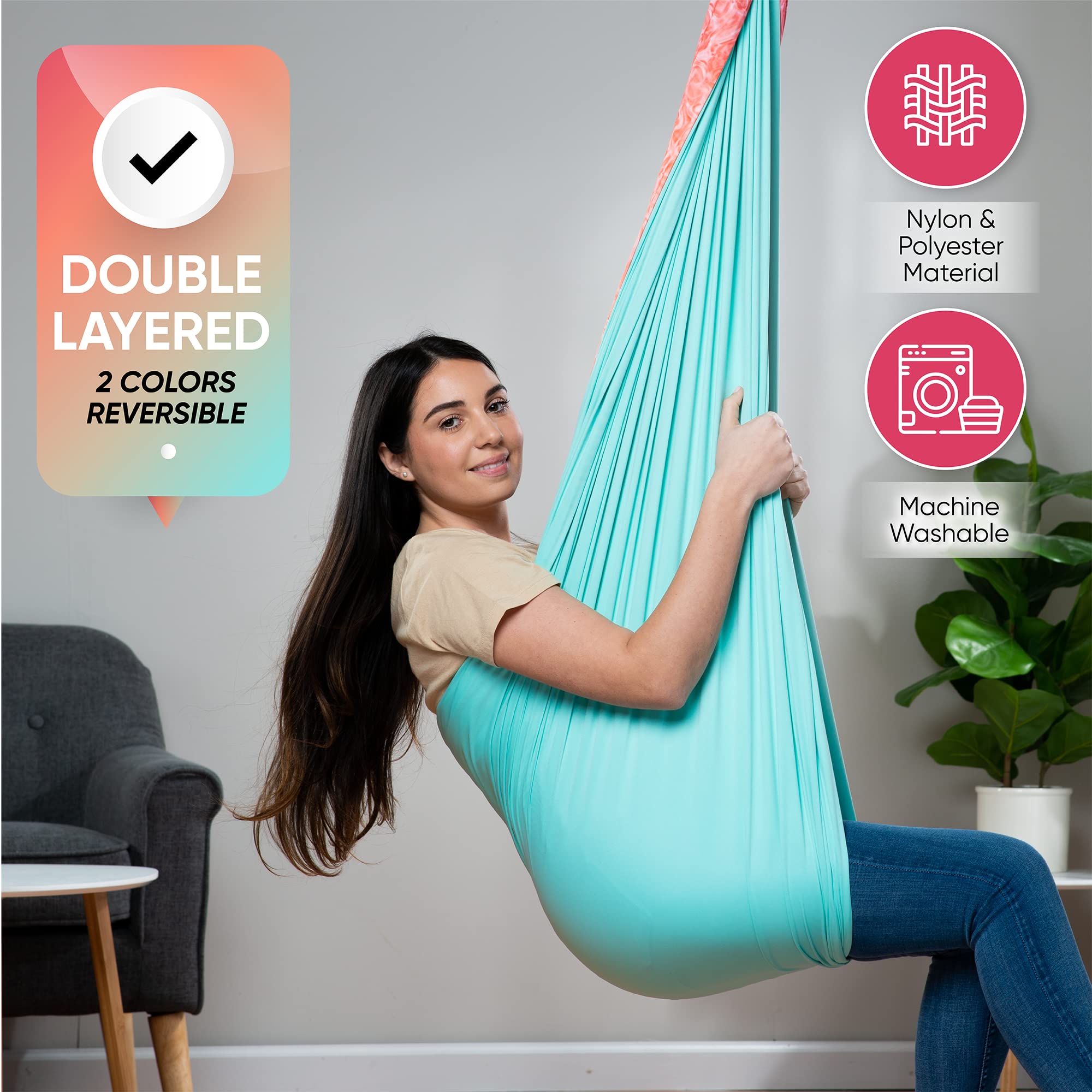FRIENDLY CUDDLE lifestyle family room view showing swing as cozy home relaxation spot