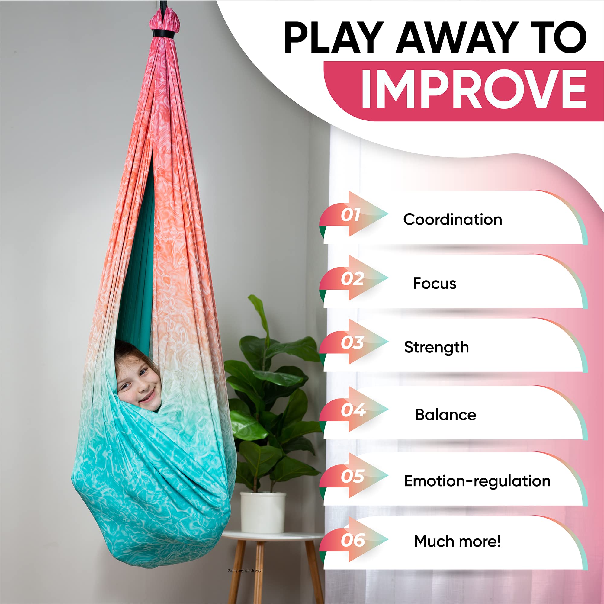 FRIENDLY CUDDLE swing mounted indoors demonstrating secure installation and smooth motion
