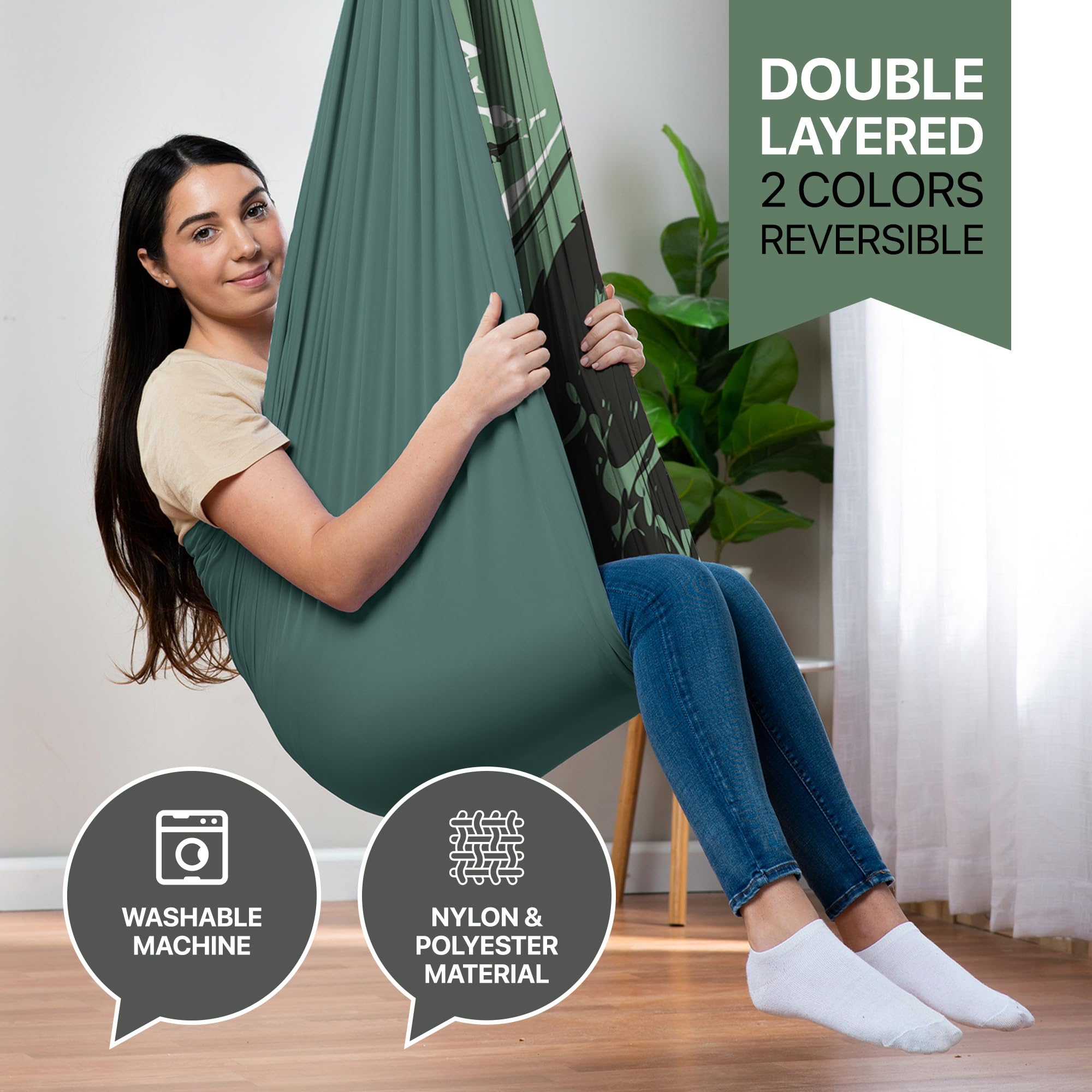FRIENDLY CUDDLE pod swing on porch in lifestyle scene showing versatile indoor-outdoor use