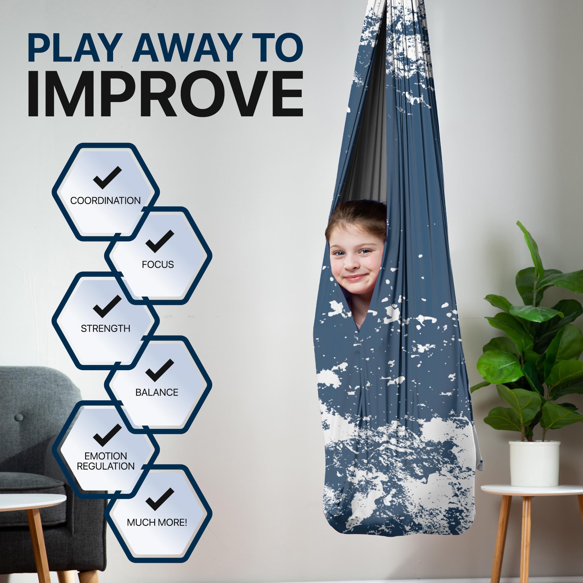 FRIENDLY CUDDLE kid reading inside pod swing providing quiet focus and comfort