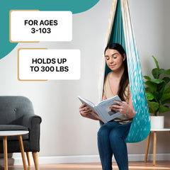 FRIENDLY CUDDLE hanging from ceiling joist with swivel demonstrating easy indoor installation