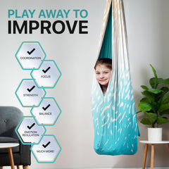 FRIENDLY CUDDLE occupant inside pod demonstrating calming compression and reading comfort