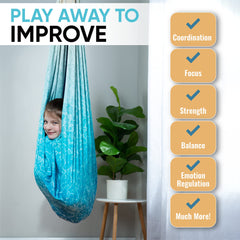 FRIENDLY CUDDLE child reading inside pod swing demonstrating calm focus benefit