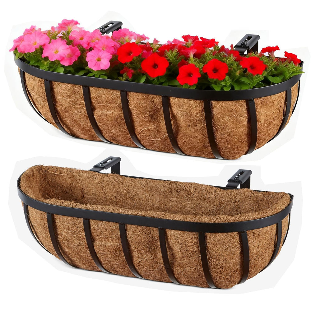 Frillybutts front view of two 24-inch black metal planters showing tidy finish and classic style.