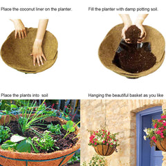 Frillybutts lined planter with colorful petunias showing improved presentation and drainage