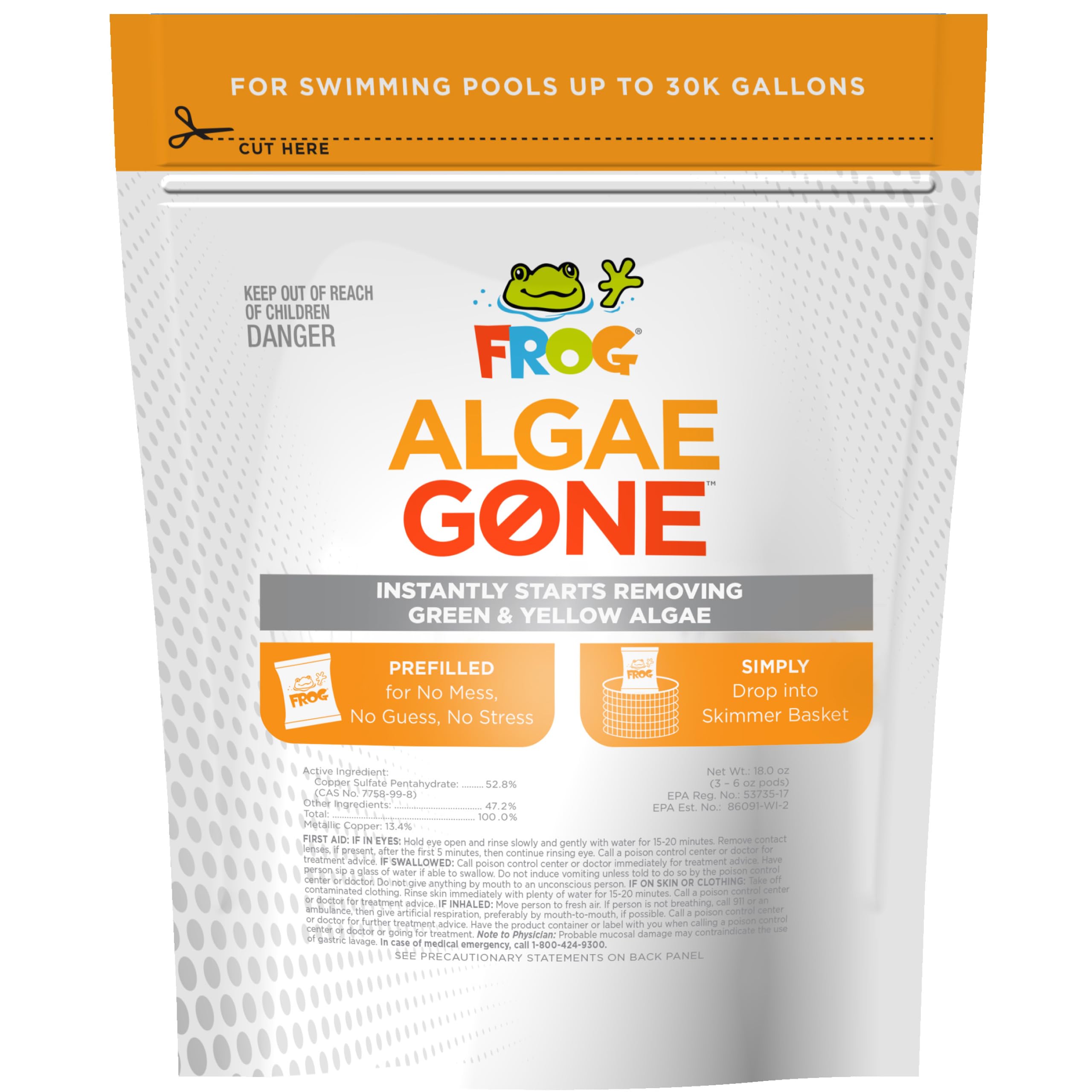 FROG Algae Gone front packaging showing three pods and benefits