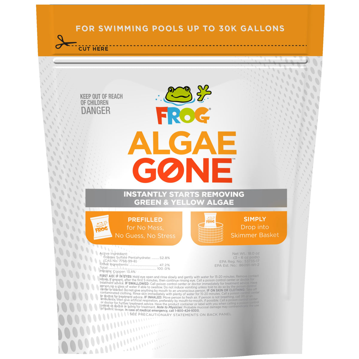 FROG Algae Gone front packaging showing three pods and benefits