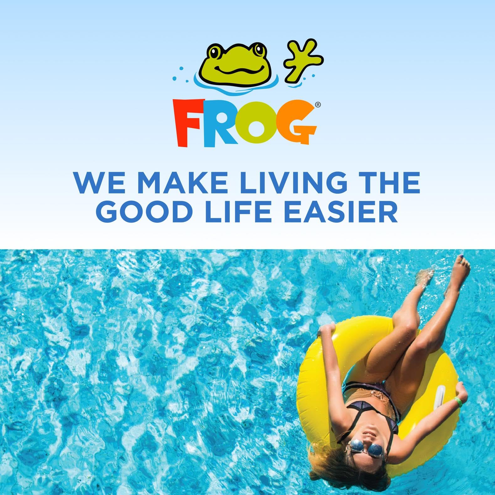 FROG cartridges poolside in a lifestyle scene conveying cleaner, hassle-free pool care