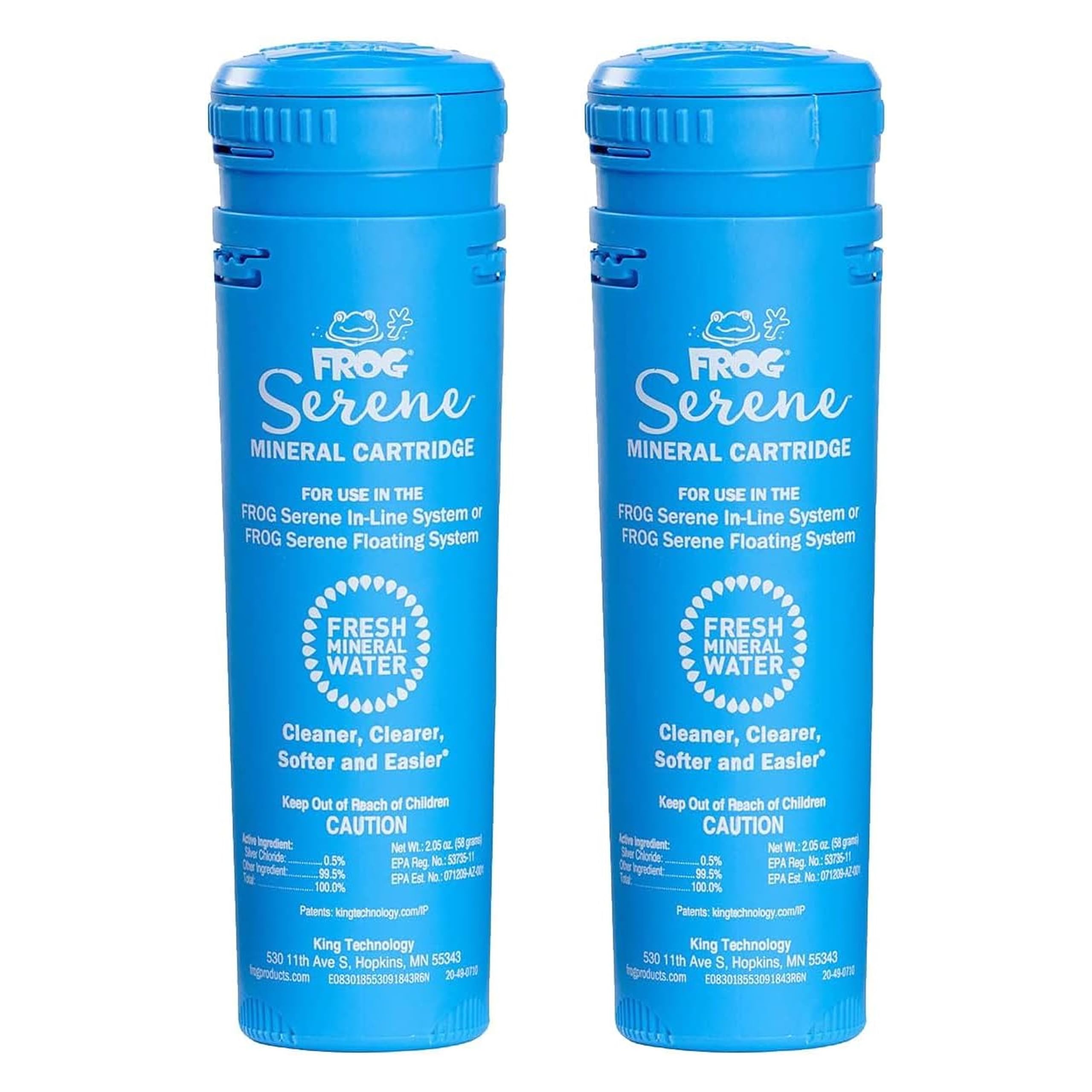 FROG Serene front packaging showing two replacement mineral cartridges and benefits