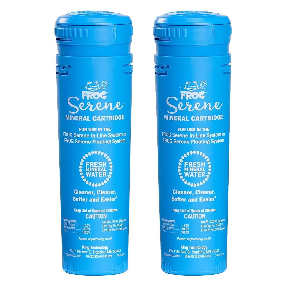 FROG Serene front packaging showing two replacement mineral cartridges and benefits