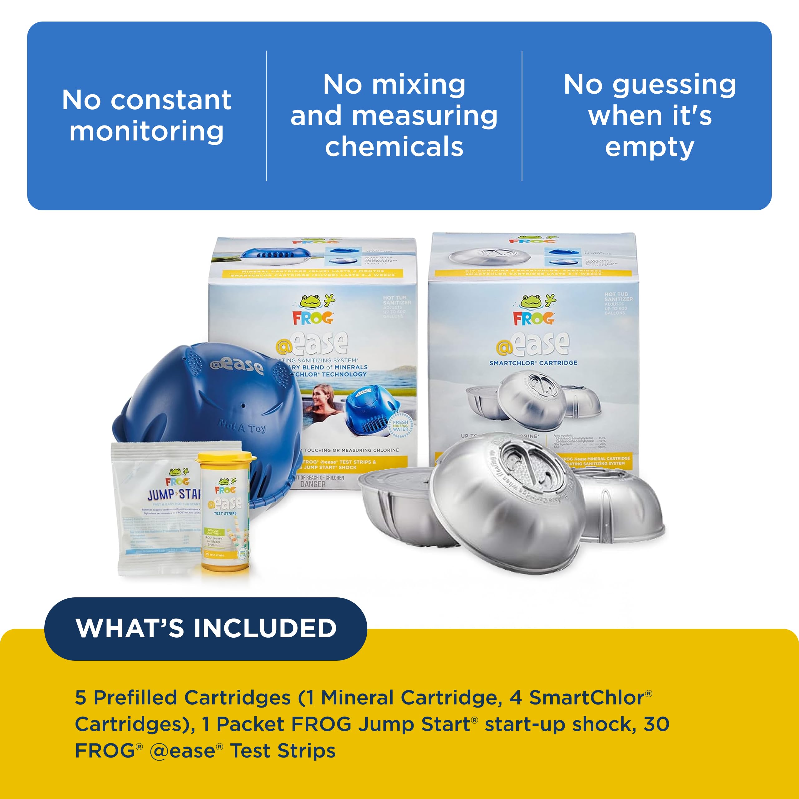 FROG SmartChlor cartridge detail view highlighting prefilled safe dosing