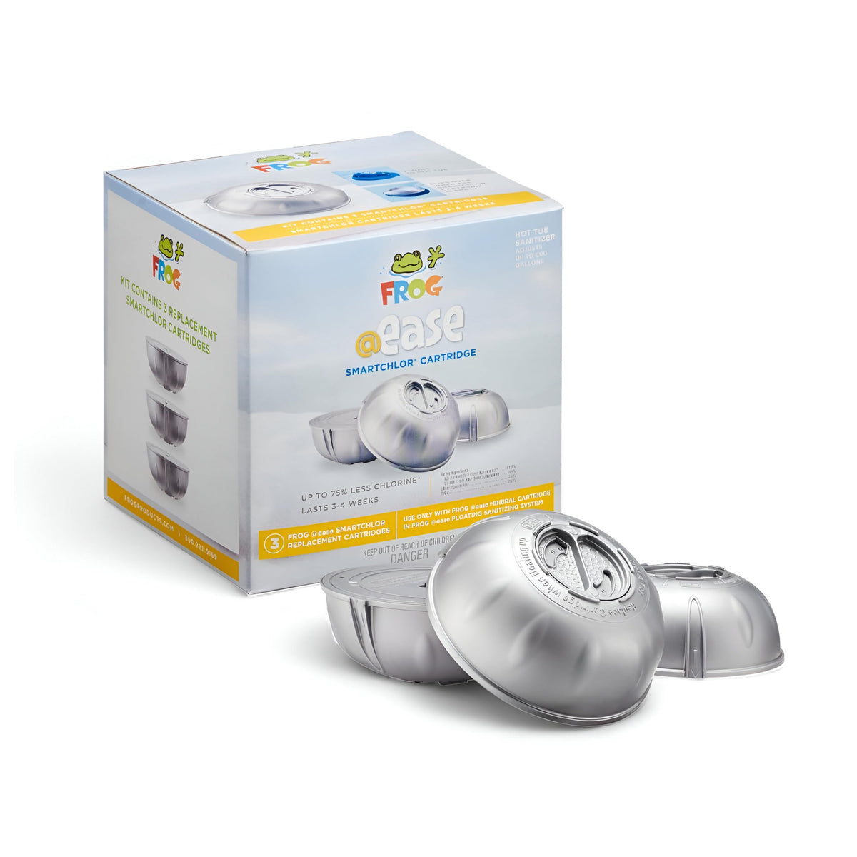 FROG SmartChlor front packaging showing three replacement cartridges and clear benefits