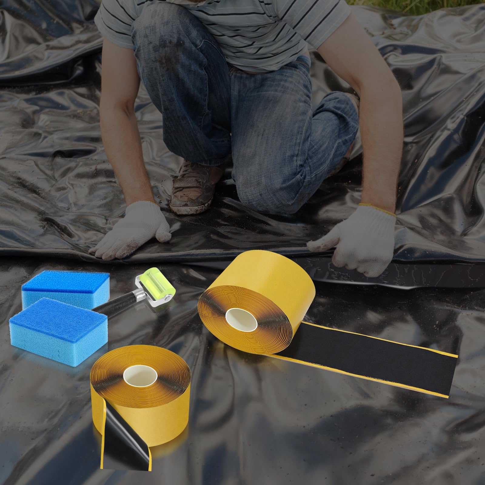 Froidesente tape being used on an outdoor pond repair demonstrating quick waterproof fix