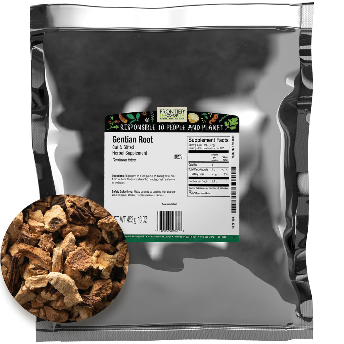 Frontier Co-op gentian root front packaging shows one-pound bulk bag and brand for quality