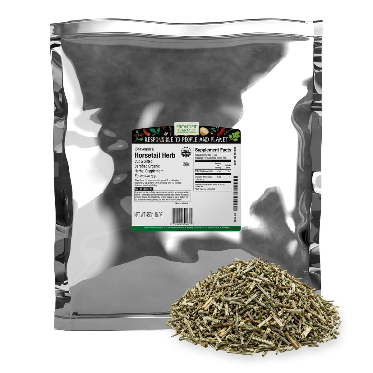 Frontier Co-op front packaging showing 1 lb horsetail bag and label benefits