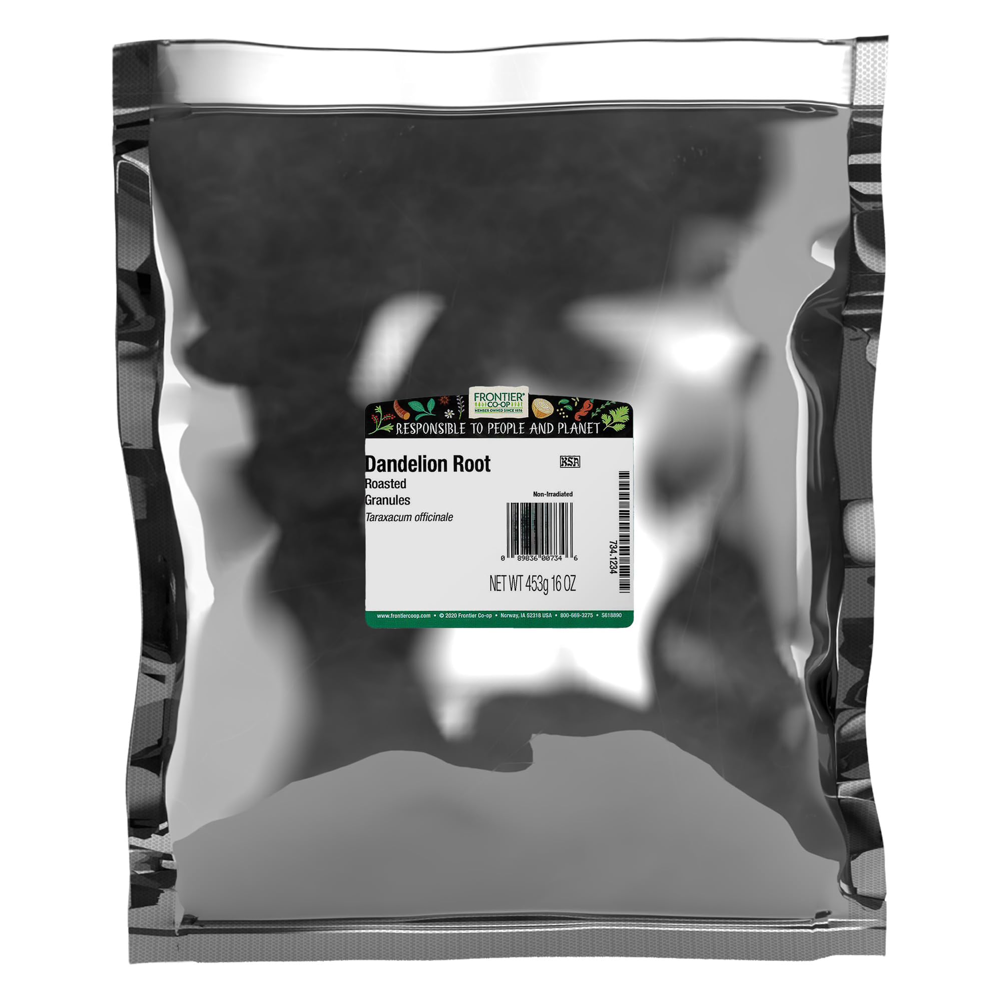 Frontier Co-op front bag view showing 1 lb roasted dandelion root for bulk use