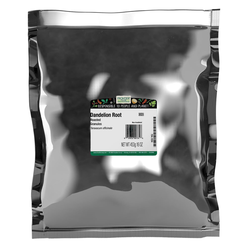 Frontier Co-op front bag view showing 1 lb roasted dandelion root for bulk use