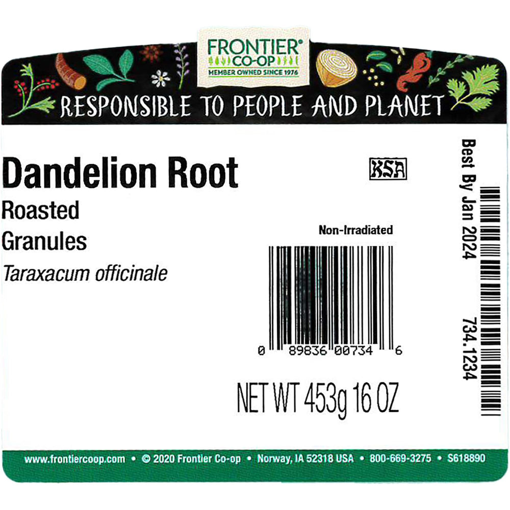 Frontier Co-op granular texture close-up showing roasted dandelion root aroma