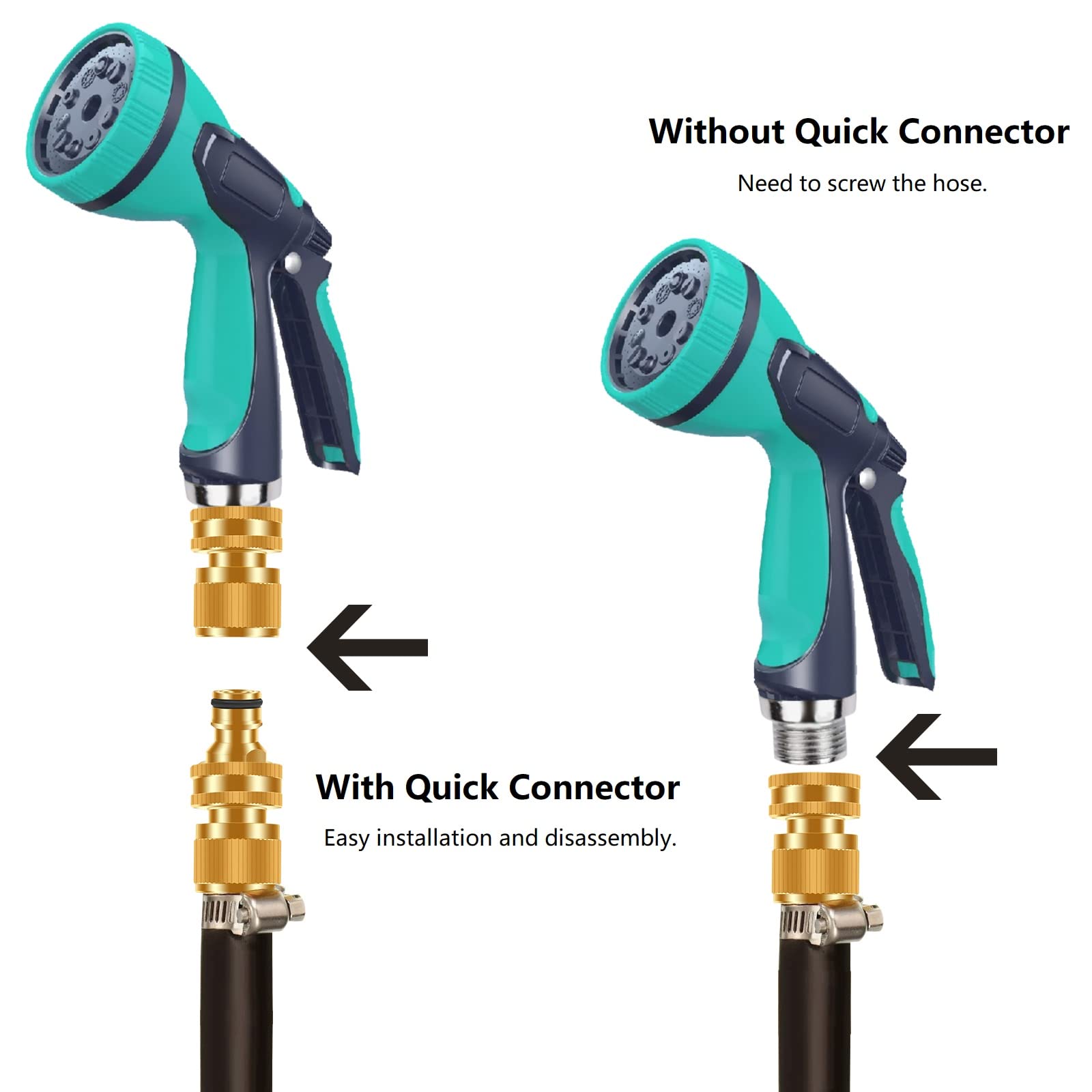 FRQNTKPA connector attached to garden hose demonstrating leak-resistant water flow