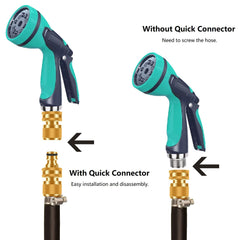 FRQNTKPA connector attached to garden hose demonstrating leak-resistant water flow
