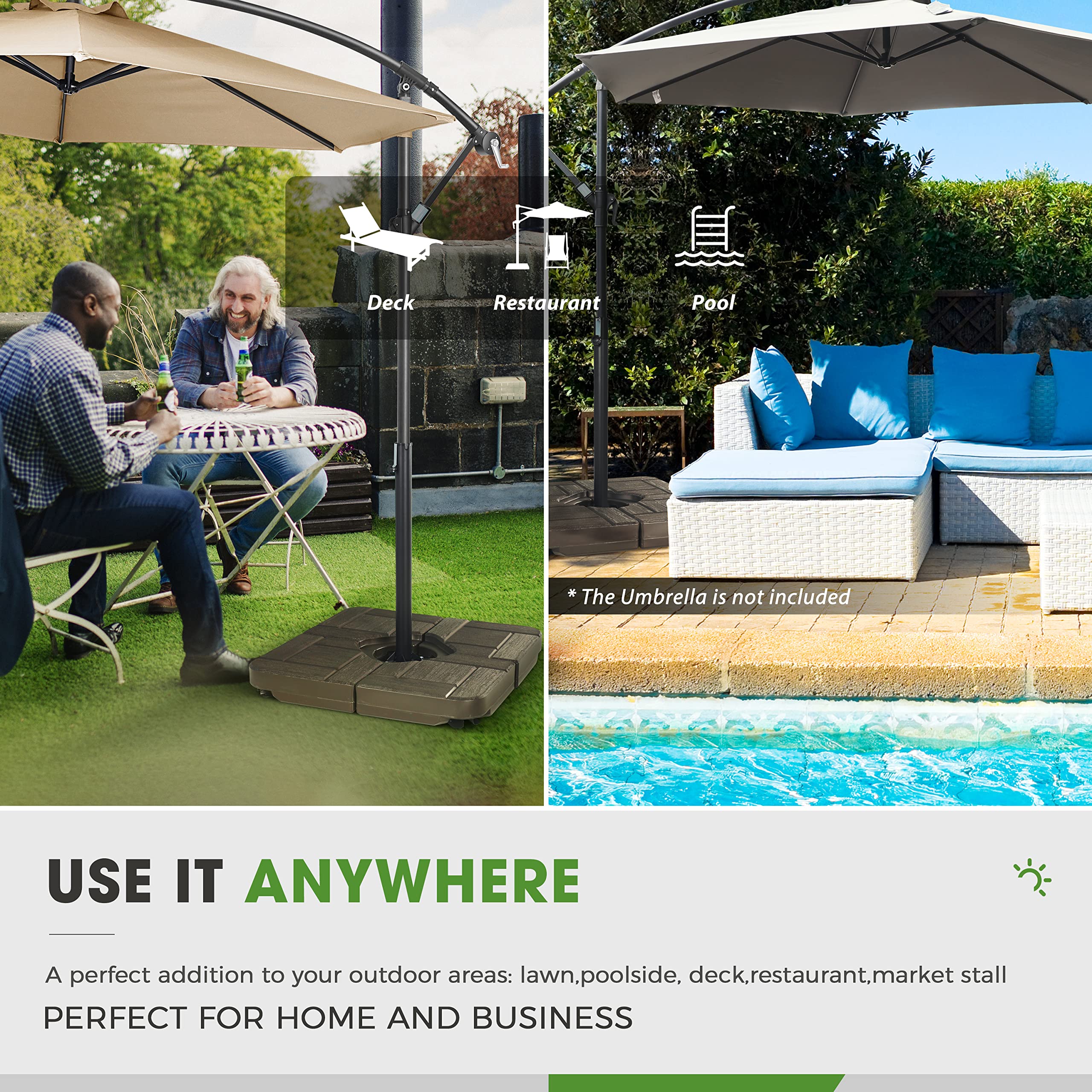 FRUITEAM base in a patio scene under umbrella demonstrating wind-resistant advantage