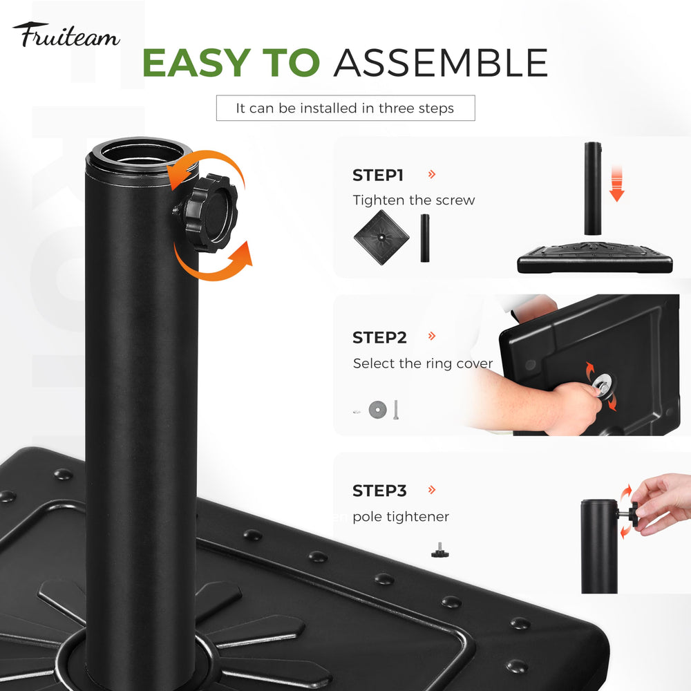 FRUITEAM umbrella base in use holding patio umbrella safely