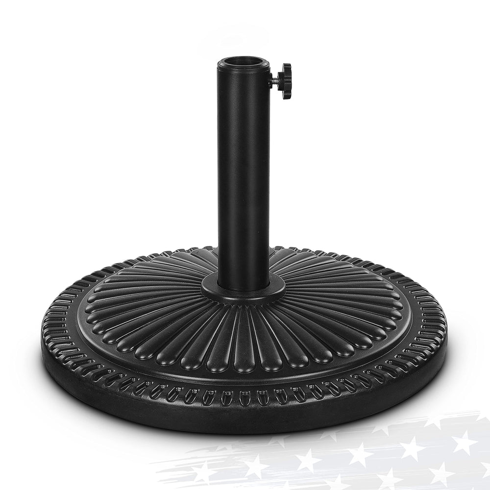 FRUITEAM front view of black umbrella base showing sunflower pattern and weight benefit