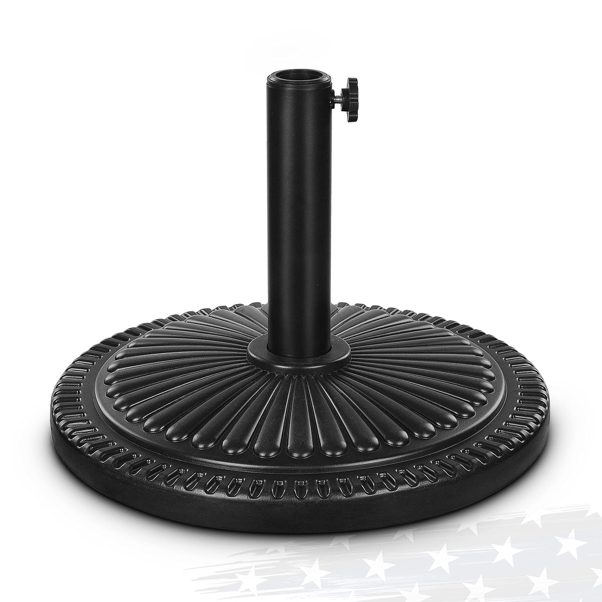 FRUITEAM front view of black umbrella base showing sunflower pattern and weight benefit
