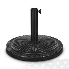 FRUITEAM front view of black umbrella base showing sunflower pattern and weight benefit