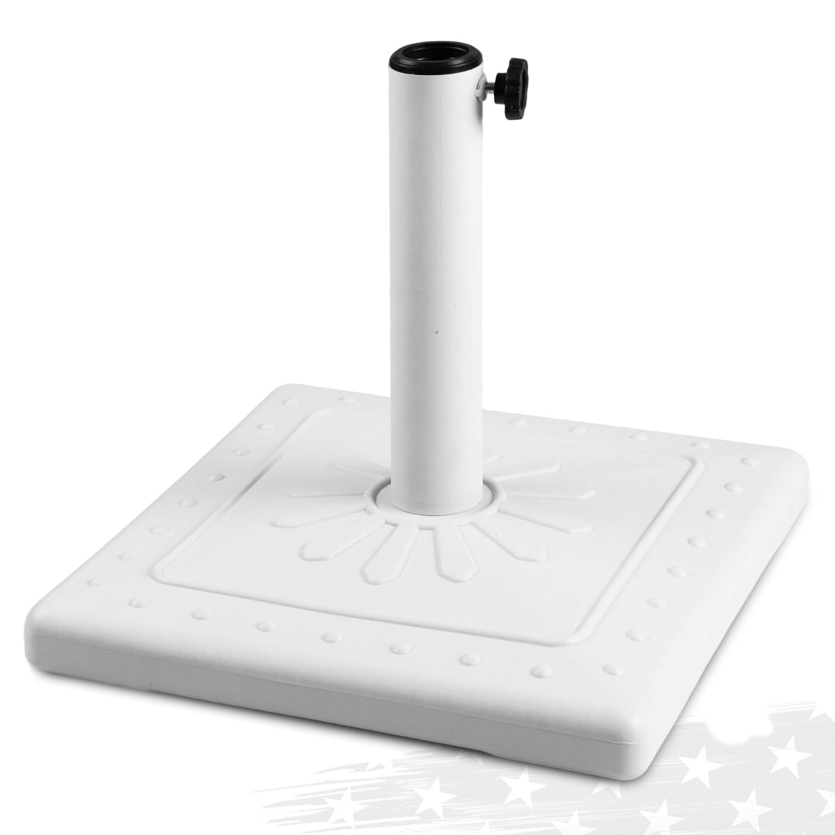 FRUITEAM front view of white square base showing stability and elegant sun pattern