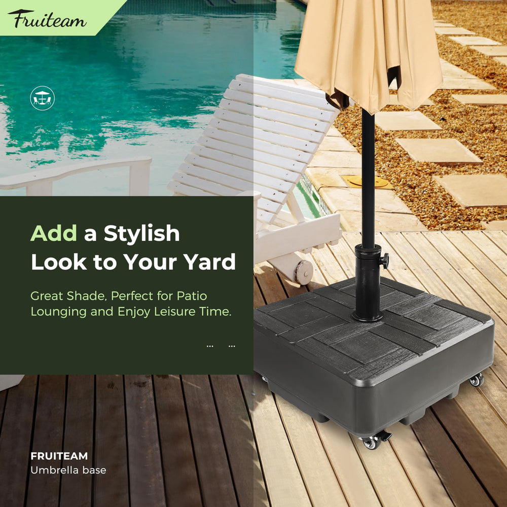 FRUITEAM patio scene with umbrella base in use adding shade and stability