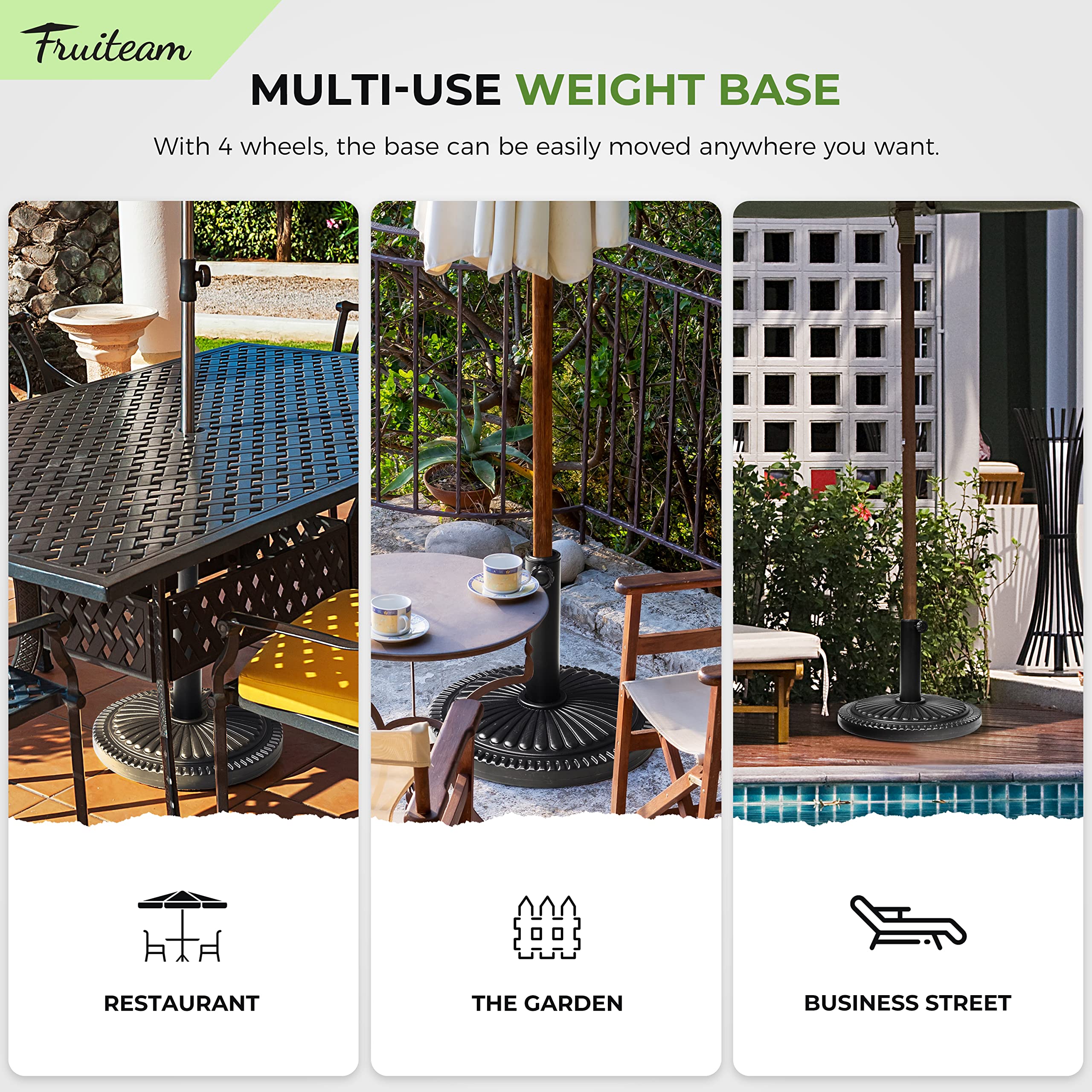 FRUITEAM umbrella base in patio setting illustrating stylish outdoor use