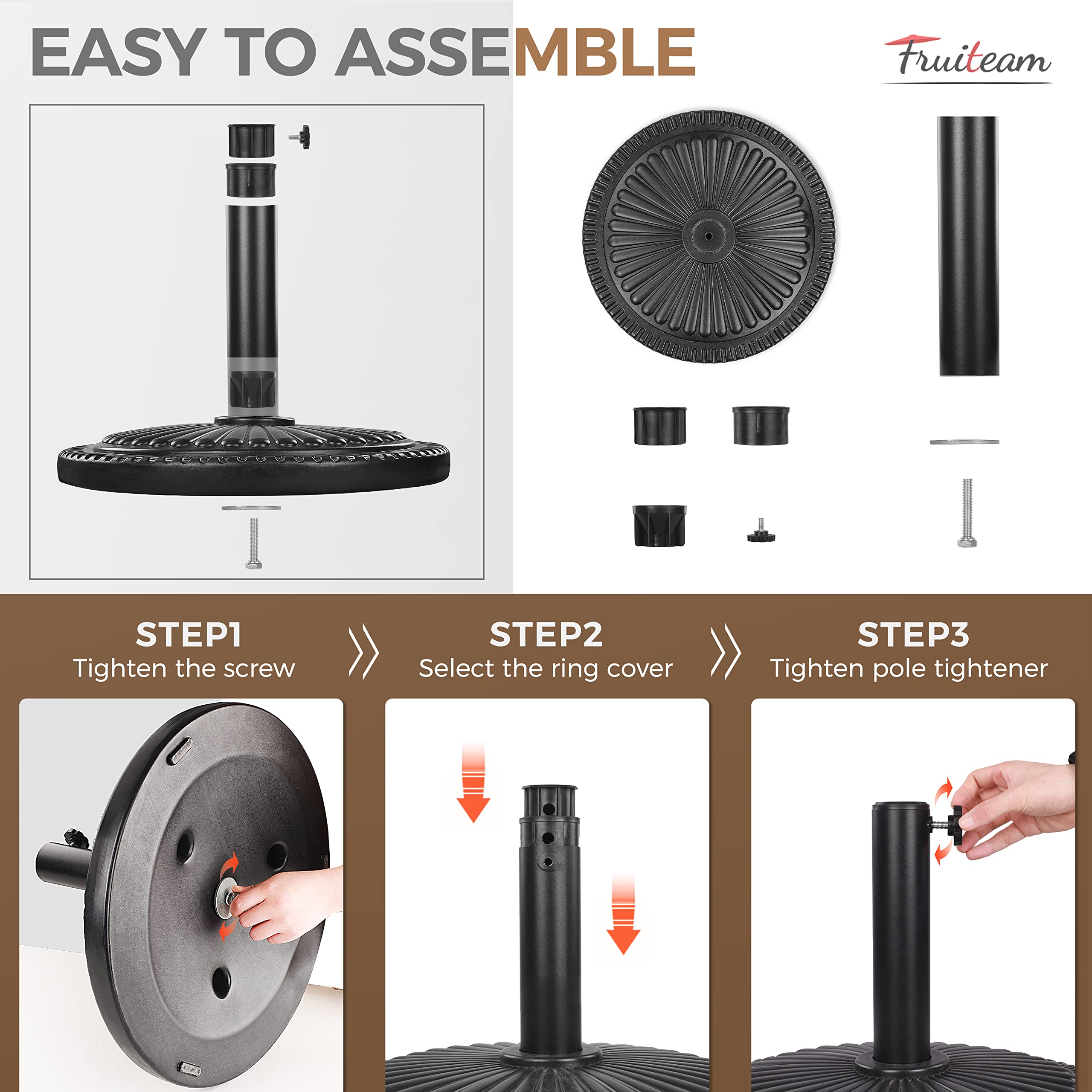 FRUITEAM umbrella base used with patio table demonstrating added stability benefit