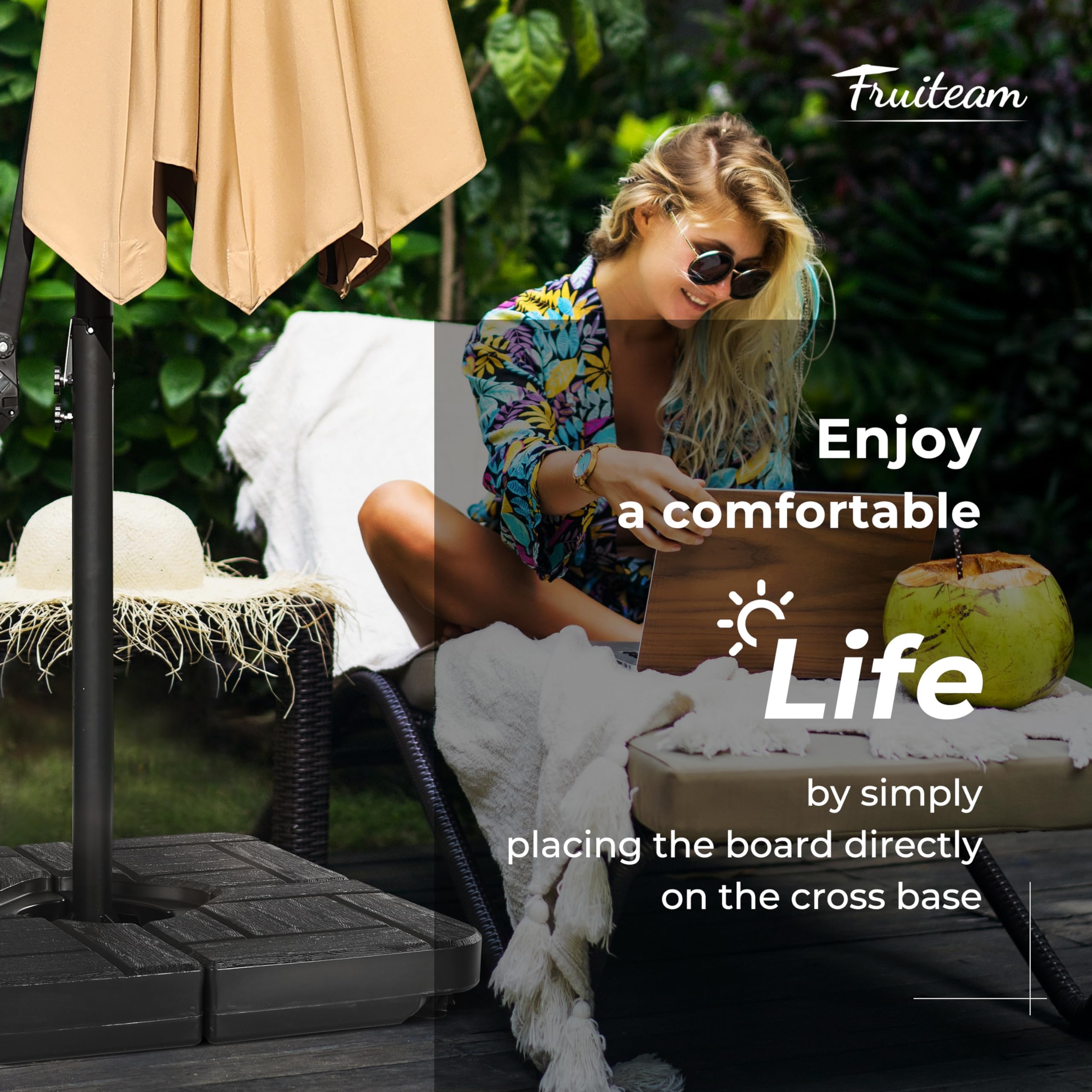 FRUITEAM base in a patio setting enhancing umbrella wind resistance