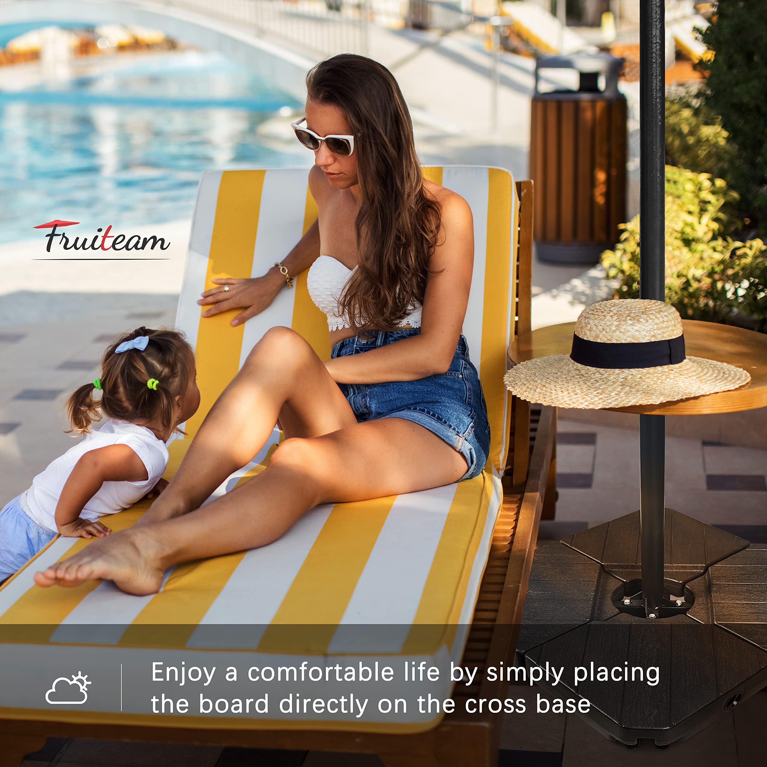 FRUITEAM base in patio scene with table and chairs demonstrating practical use