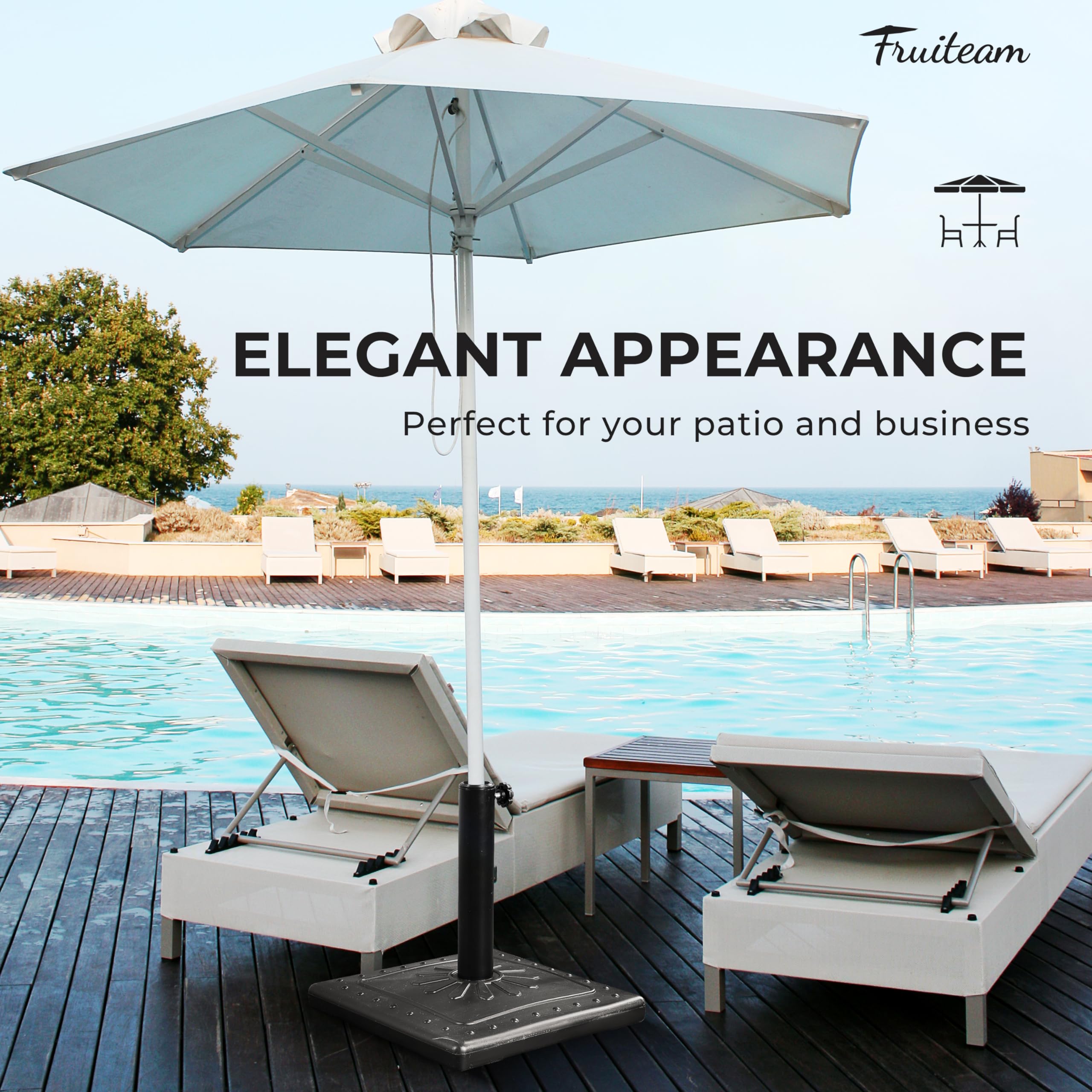 FRUITEAM outdoor patio scene with base offering shade support