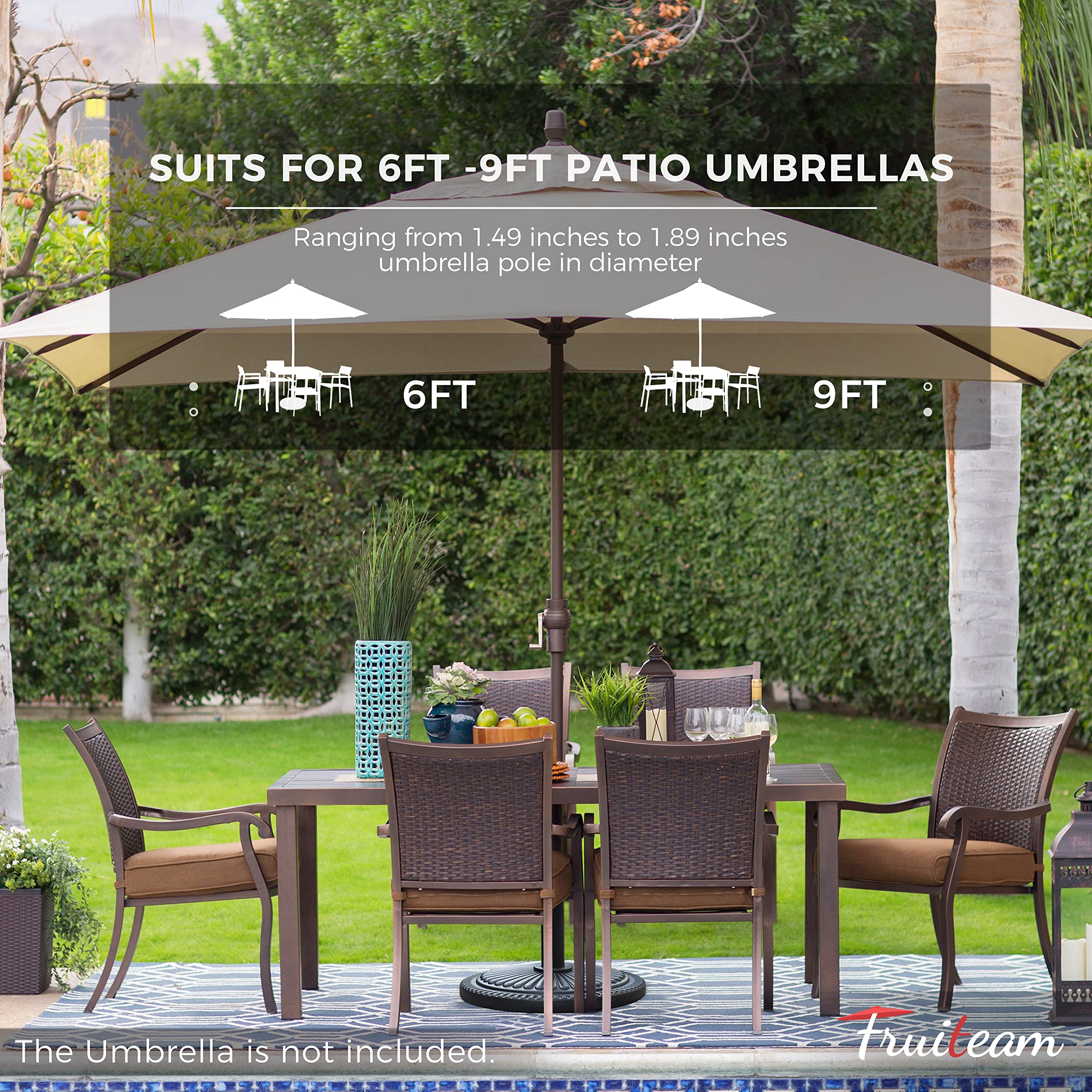 FRUITEAM base beside a pool illustrating weather-resistant outdoor reliability benefit