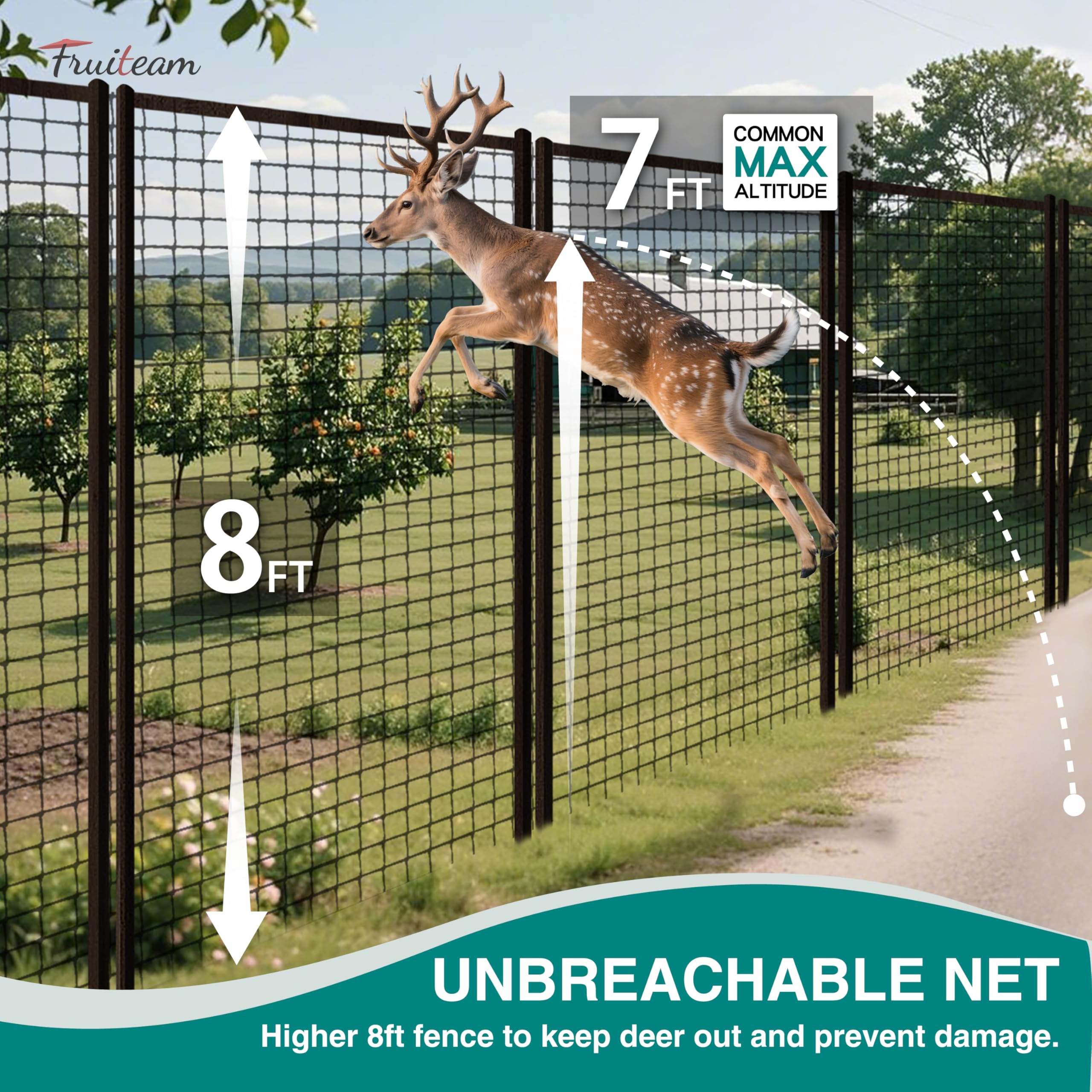 FRUITEAM unrolled fencing length showing full 8ft x 100ft coverage benefit
