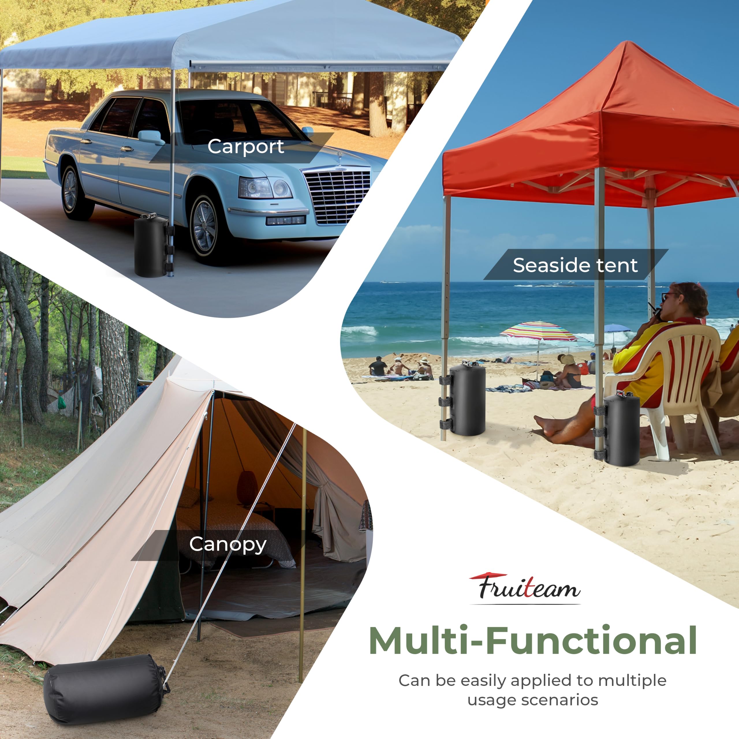 FRUITEAM weights stabilizing a busy outdoor market gazebo for safe setup