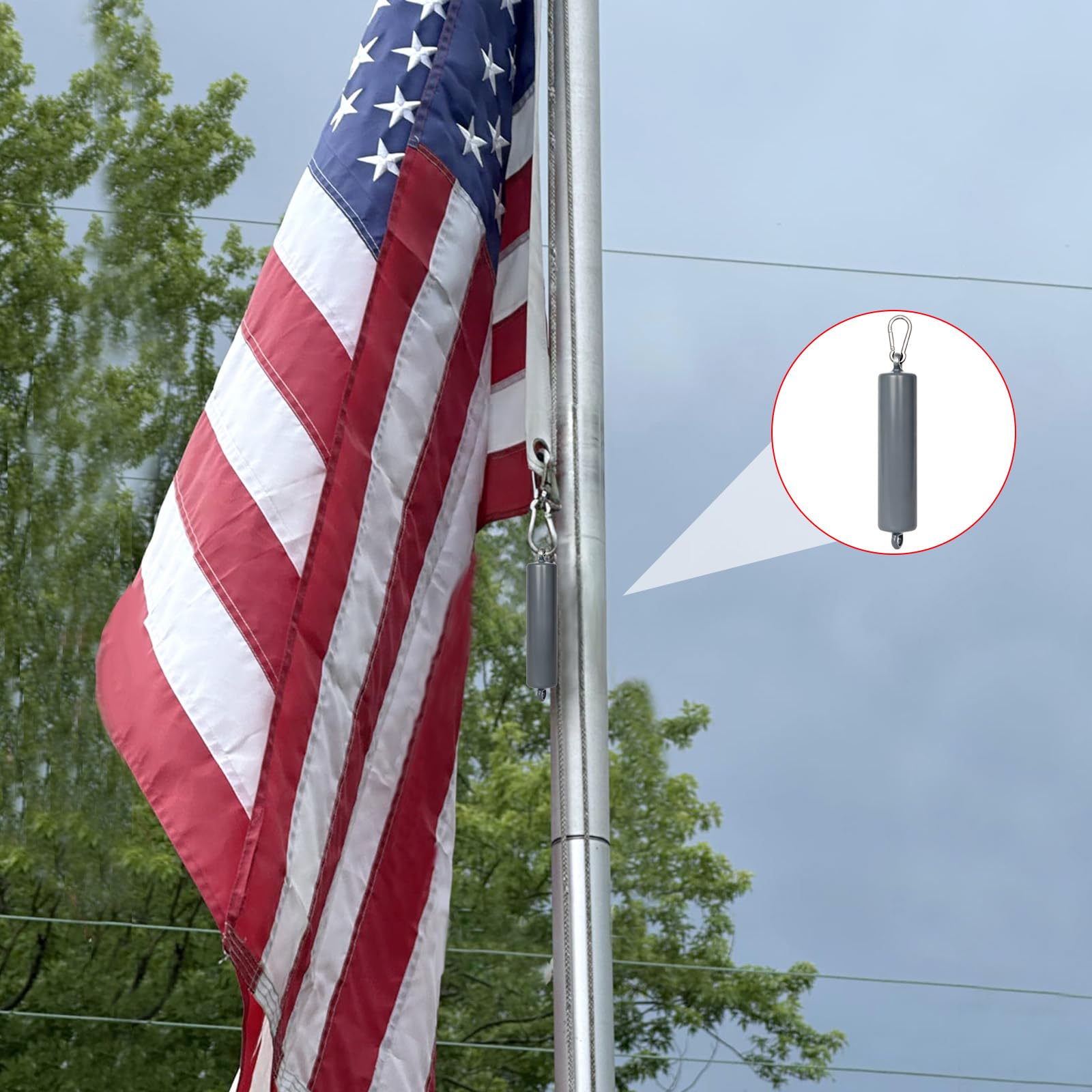 Frunke counterweight on a flagpole in yard keeping flag untangled