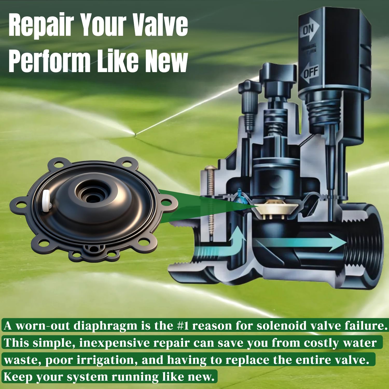 FRUSSONIA diaphragm being installed in a Rain Bird valve demonstrating quick repair