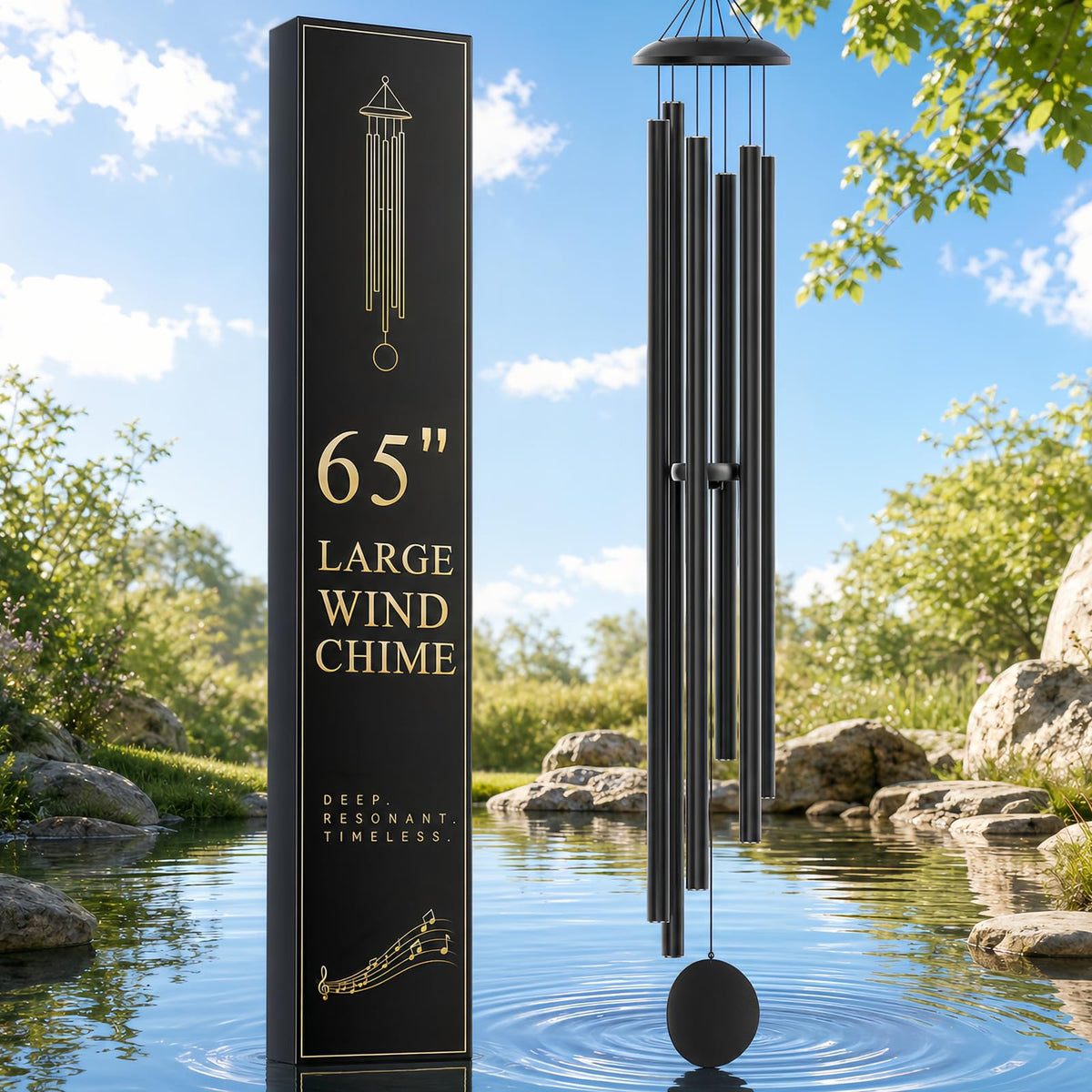 FSVGYY front view of 65-inch wind chime showing elegant black finish and scale