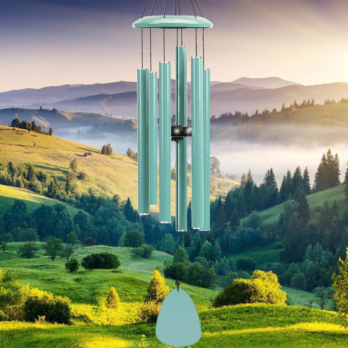 FSVGYY front view cyan wind chime showing elegant modern design benefit: stylish focal point