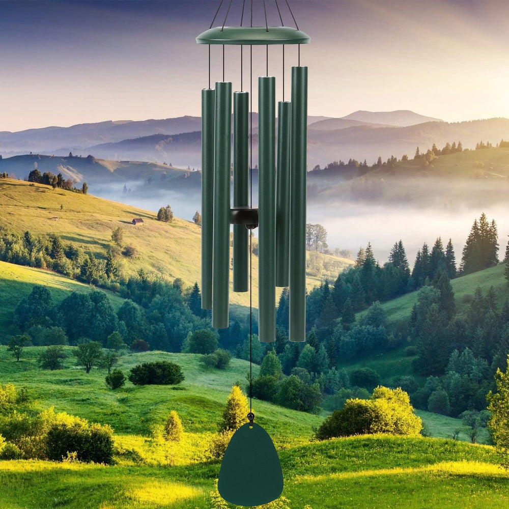 FSVGYY front view of forest green wind chime showcasing elegant silhouette and calming tone