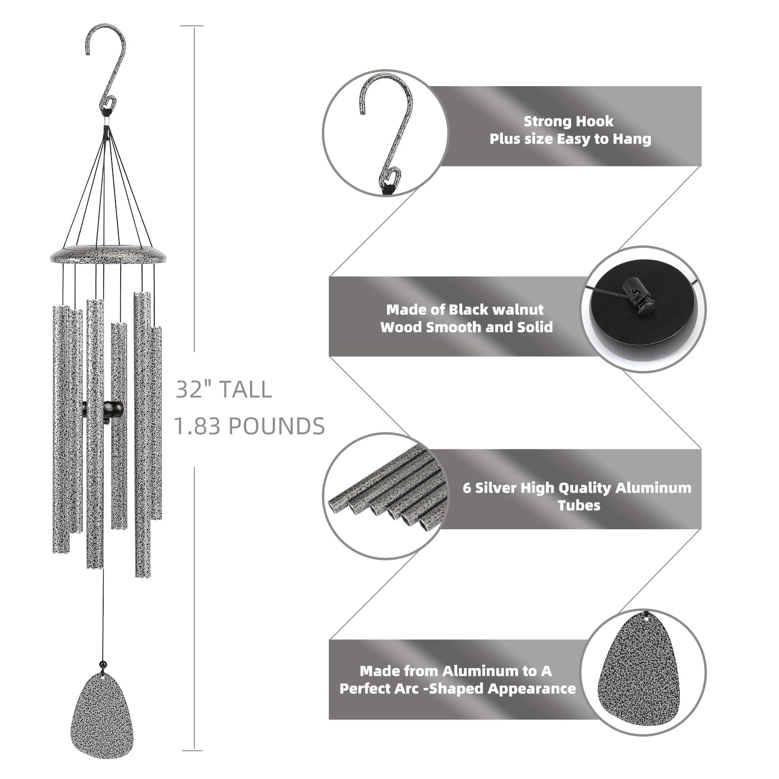FSVGYY size comparison showing 32-inch chime scale for deeper, resonant tones