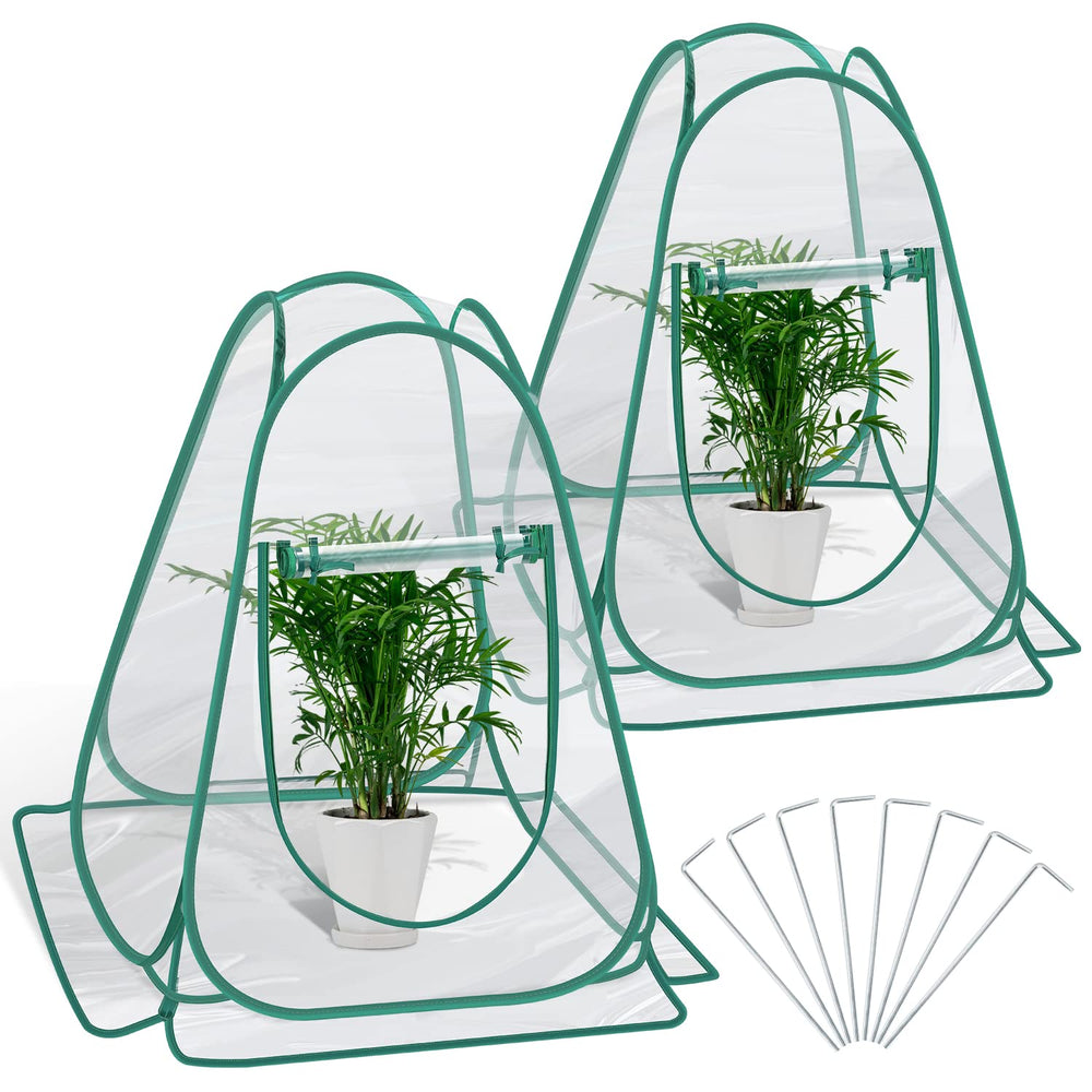 Fuairmee front view of two pop up greenhouses showing quick protection