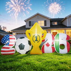FUCIHOMA front view showing full 7.4ft soccer inflatable and visible tournament graphics