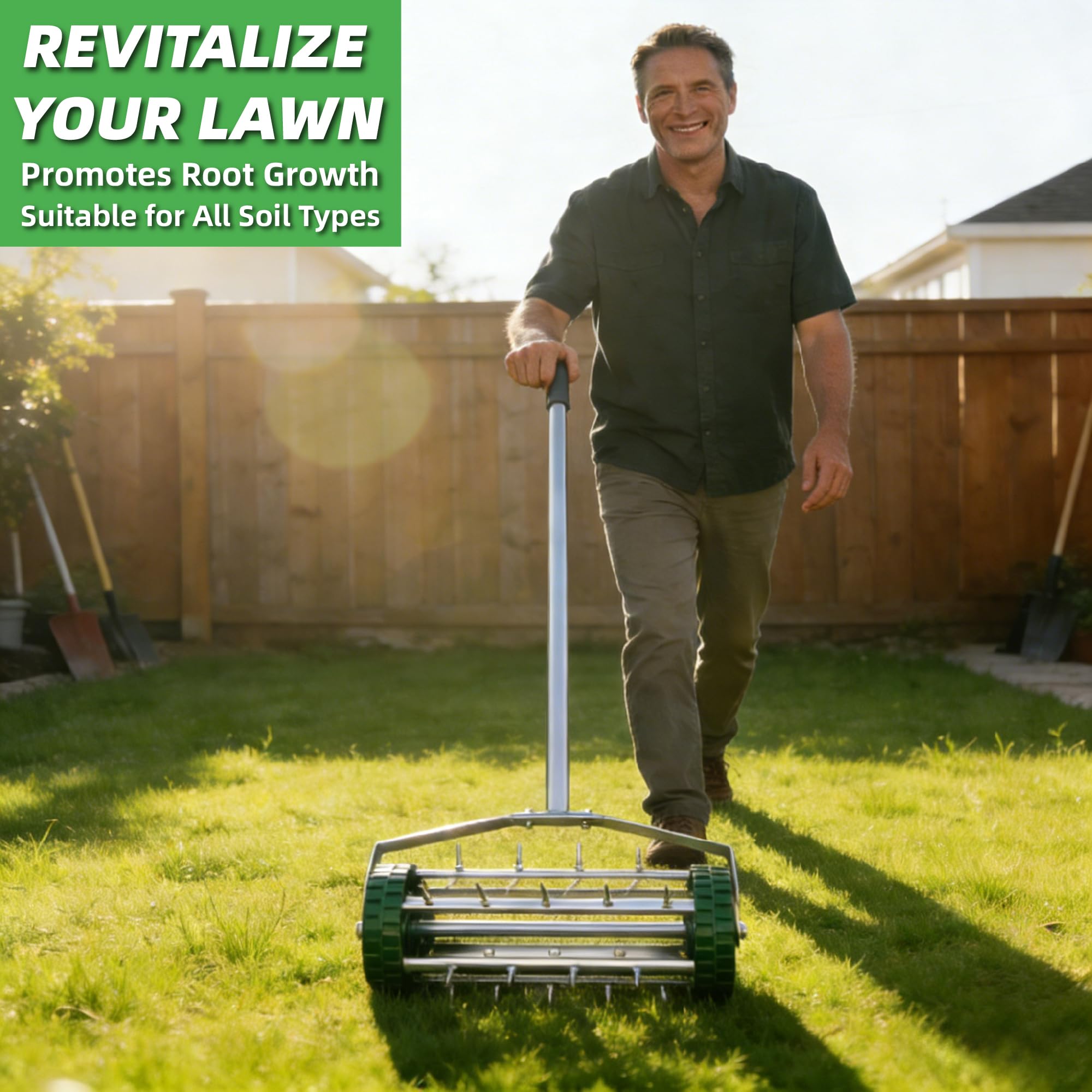 FUCIHOMA size scale with yard tool for reference showing reach and coverage benefit