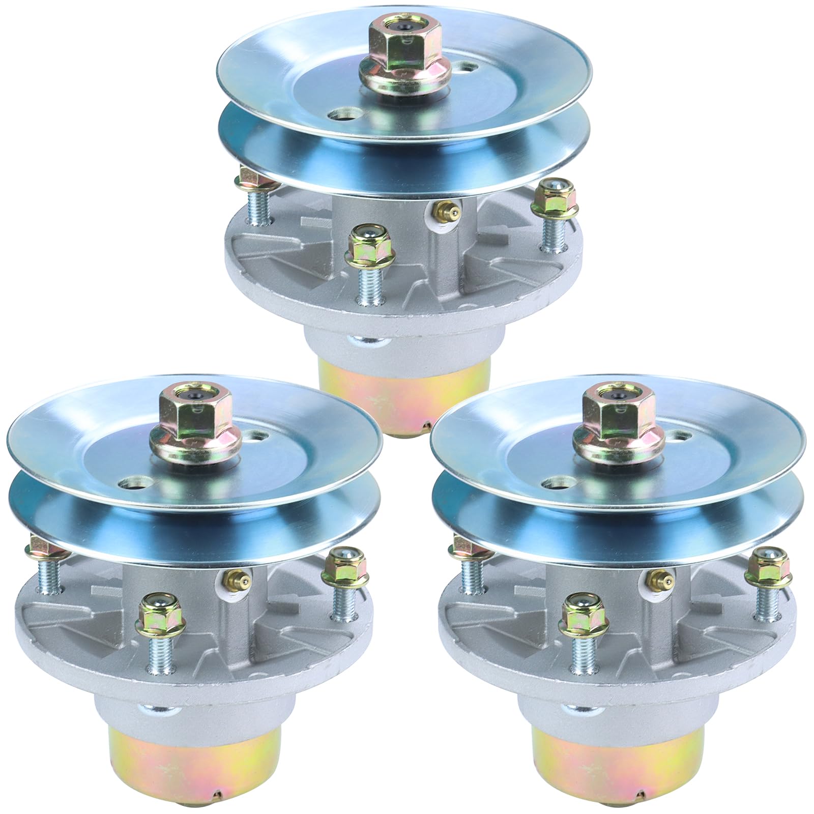 FULAIGE front view of 3-pack spindle kit showing complete assemblies and pulleys, confirms fit