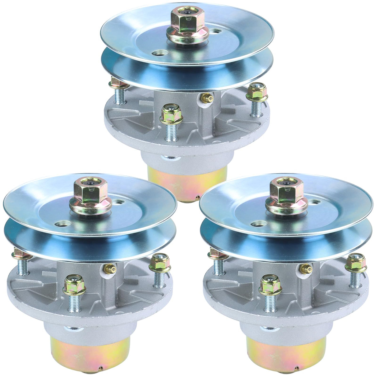 FULAIGE front view of 3-pack spindle kit showing complete assemblies and pulleys, confirms fit